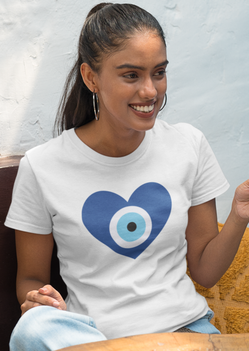 Heart Evil Eye Women's Tee – smiling woman eating street Indian food