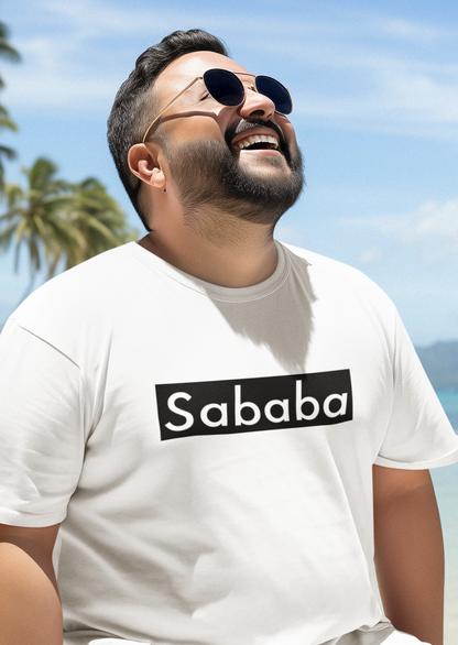 Sababa Logo B&W Men's Tee – man in a t shirt while enjoying the beach