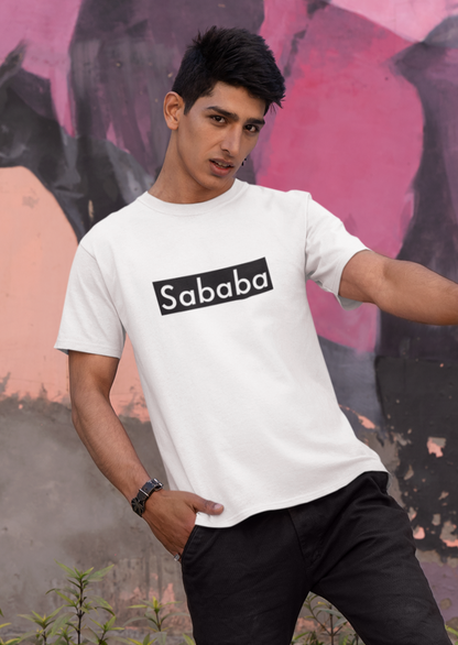 Sababa Logo B&W Men's Tee – young man in a trendy outfit