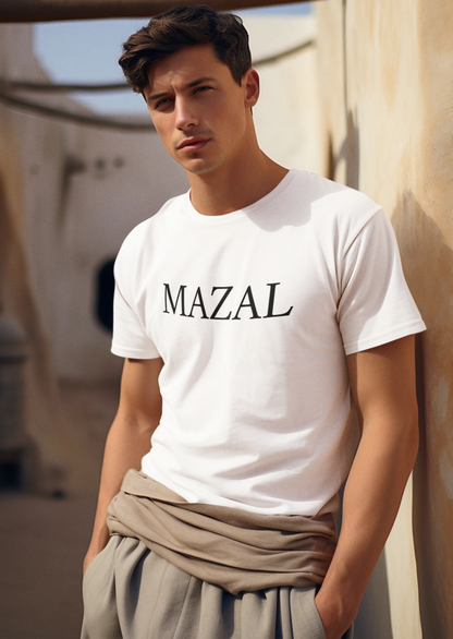 Mazal Men's Tee – man posing on a Tatooine inspired setting