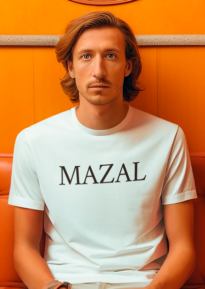 Mazal Men's Tee – man sitting on a leather couch