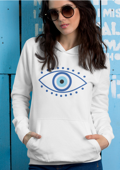 Evil Eye Women's Premium Hoodie – woman with sunglasses posing against a blue wooden wall