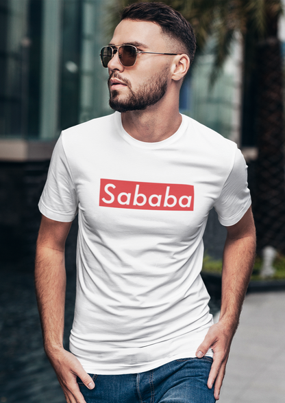 Sababa Logo Men's Tee – trendy man wearing a crewneck t shirt on the street