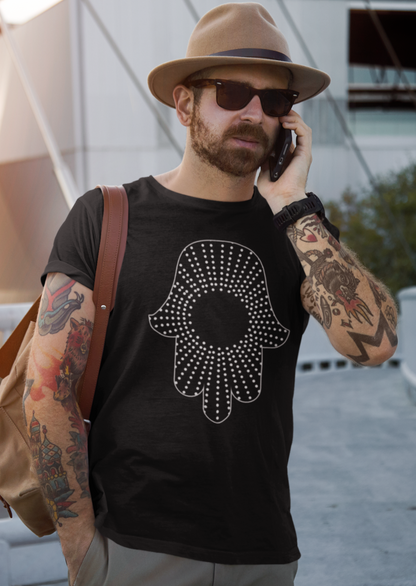 Hamsa Dots Men's Tee – bearded man with tattooed arms using his phone